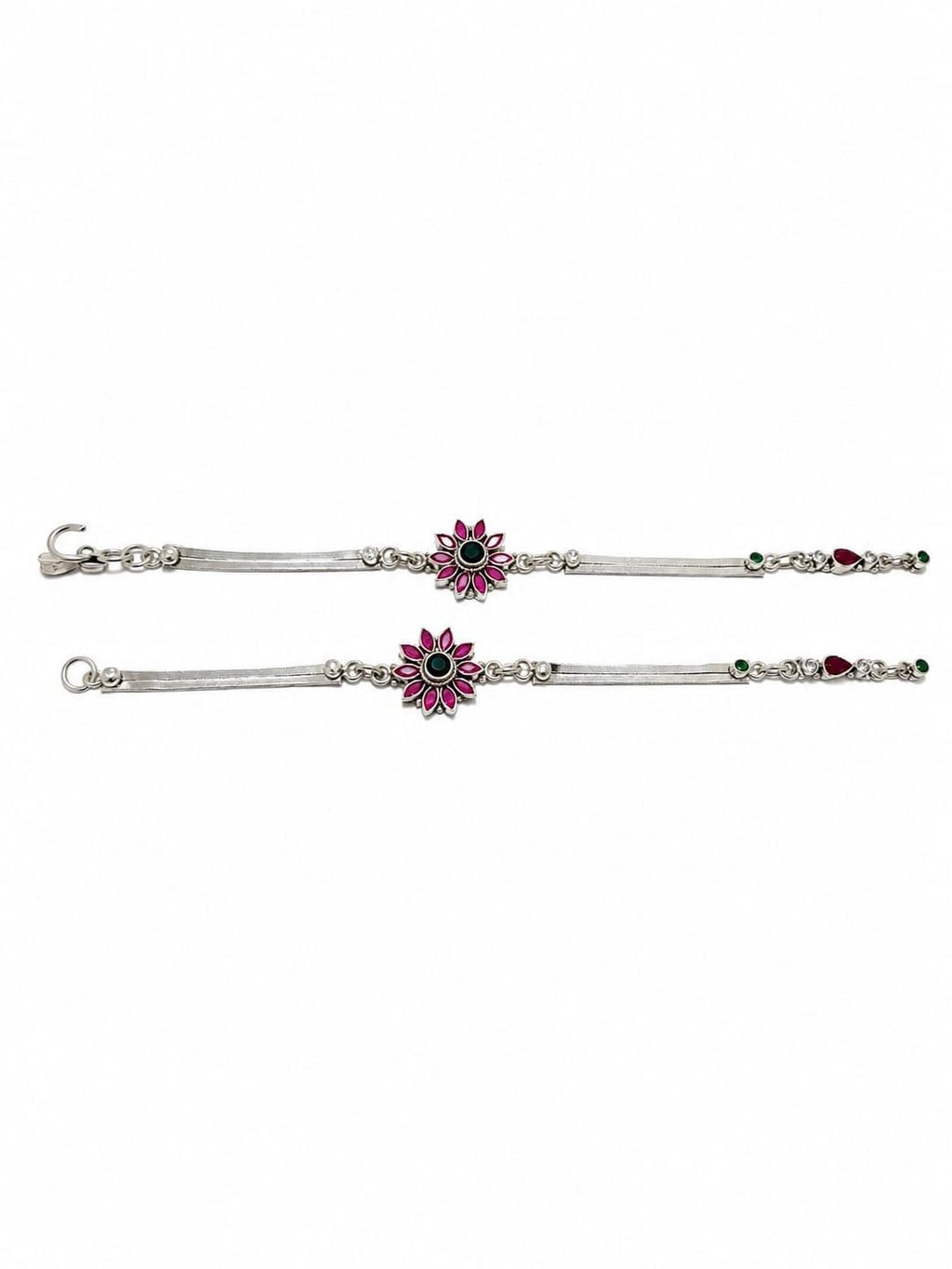 Floral Silver Anklets with Pink & Green Stone Accents