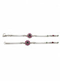 Floral Silver Anklets with Pink & Green Stone Accents