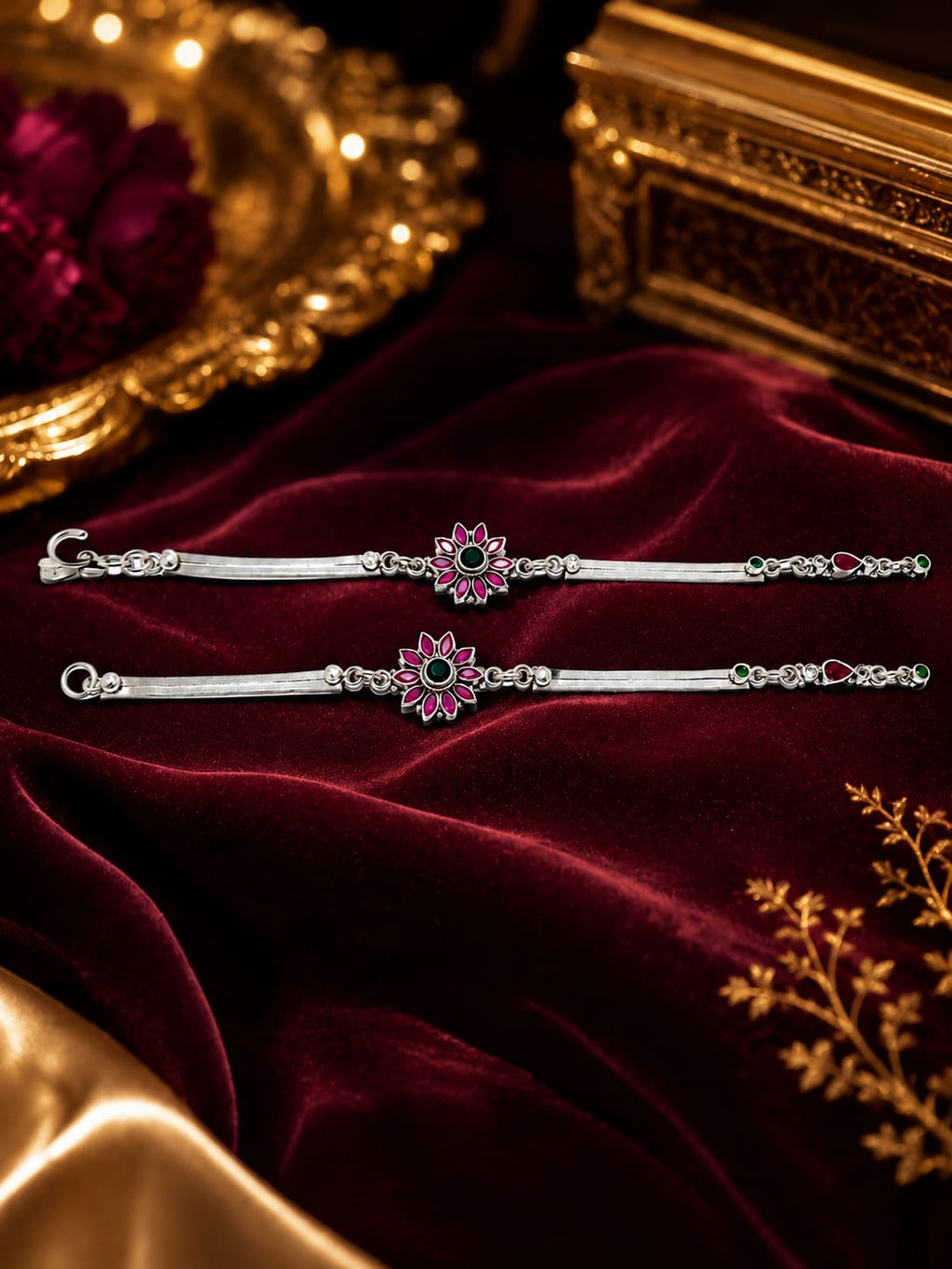 Floral Silver Anklets with Pink & Green Stone Accents