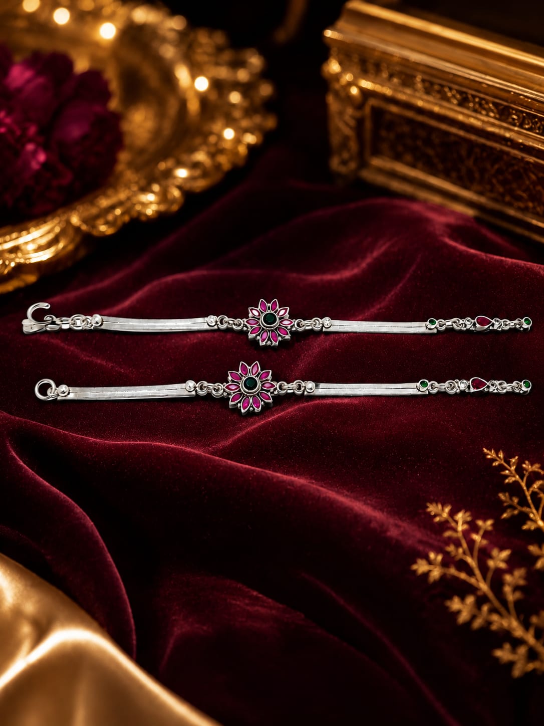 Floral Silver Anklets with Pink & Green Stone Accents