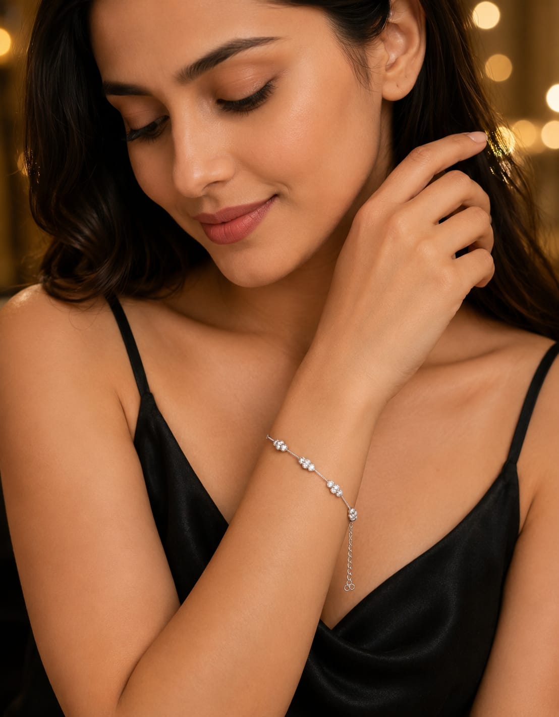 925 Sterling Silver Cubic Zirconia Beaded Adjustable Bracelet for Women