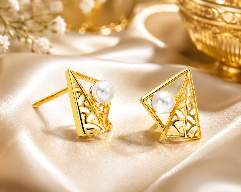 18K Gold  Geometric Pearl Stud Earrings