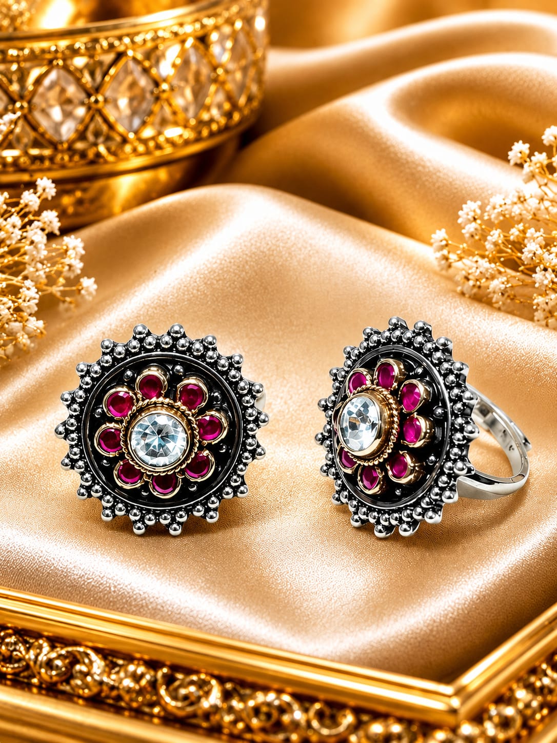 925 Sterling Silver Oxidized Floral Toe Rings for Women