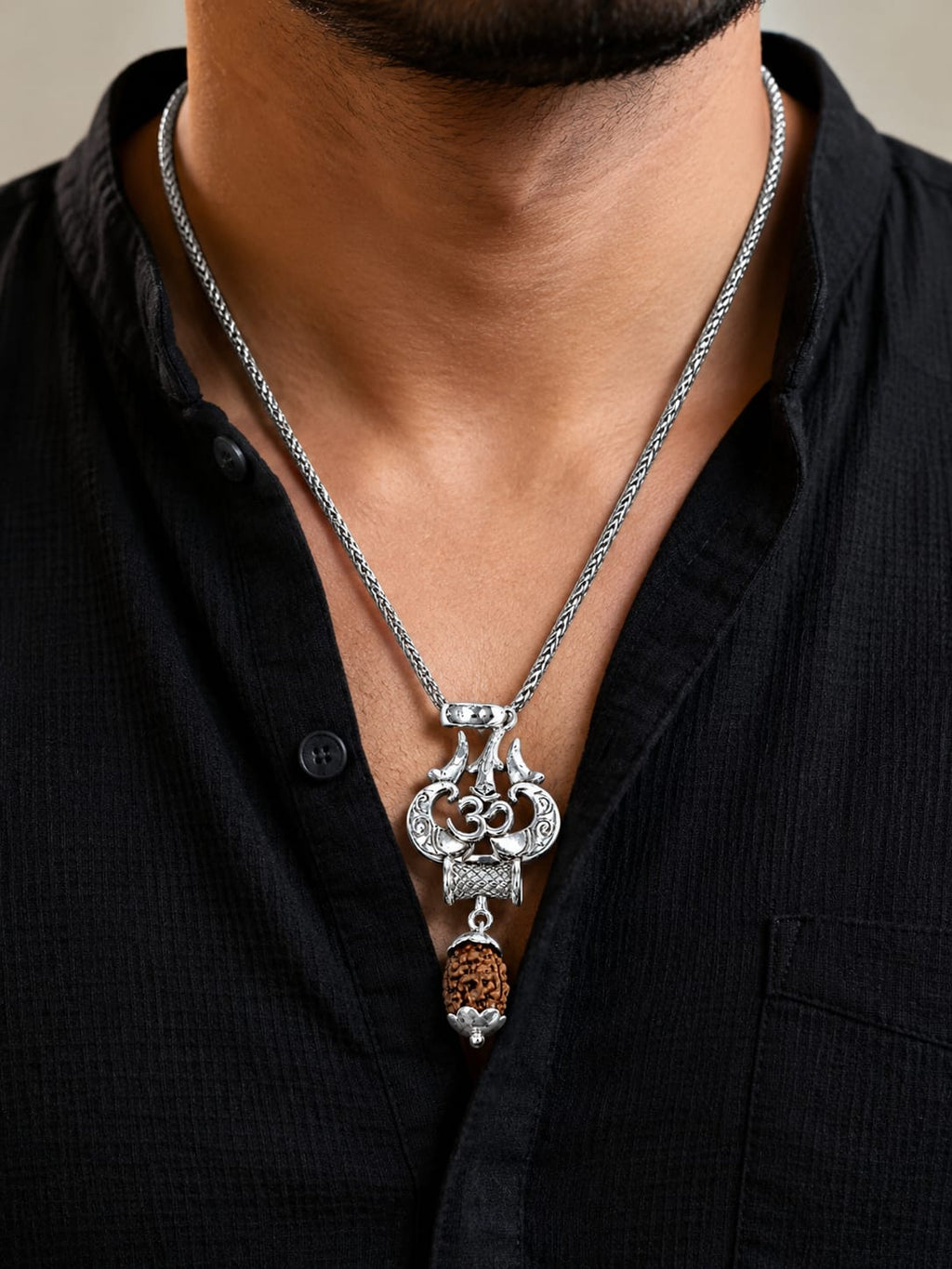 925 Sterling Silver Om Trishul Pendant with Natural Rudraksha