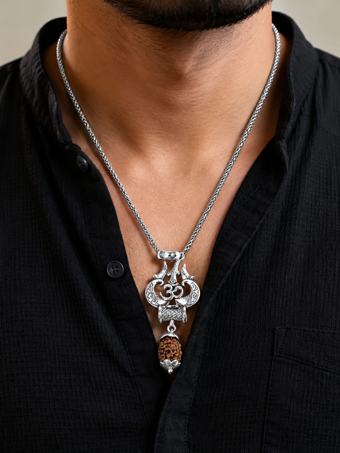 925 Sterling Silver Om Trishul Pendant with Natural Rudraksha