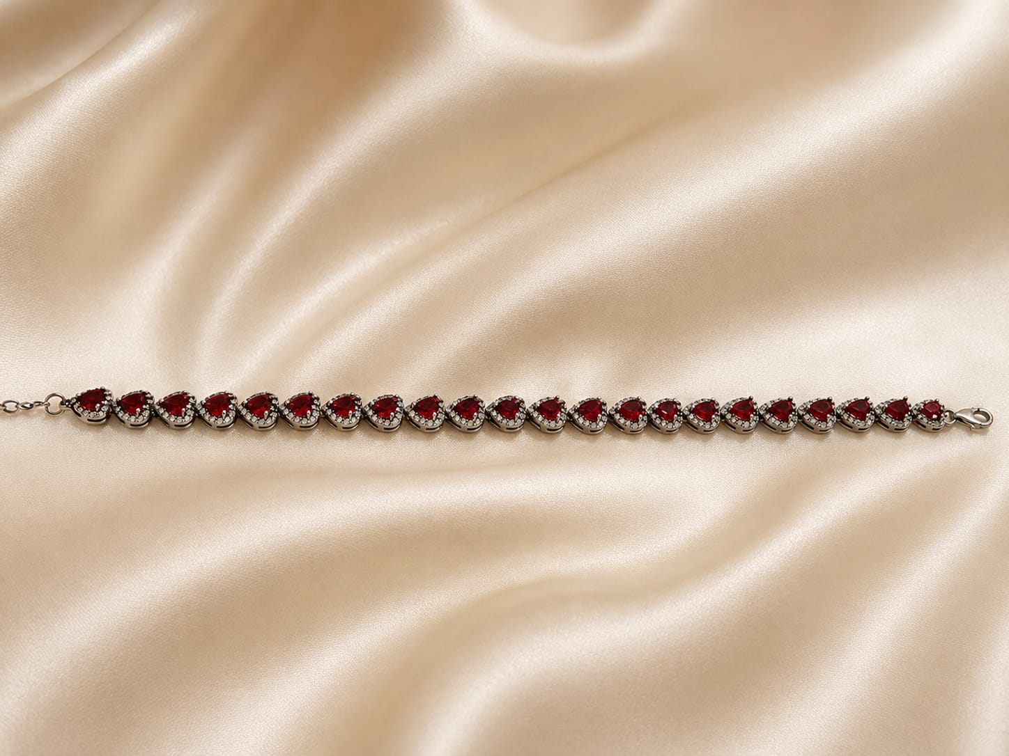 Kritharth Jewels Ruby Heart Tennis Bracelet – Silver Finish