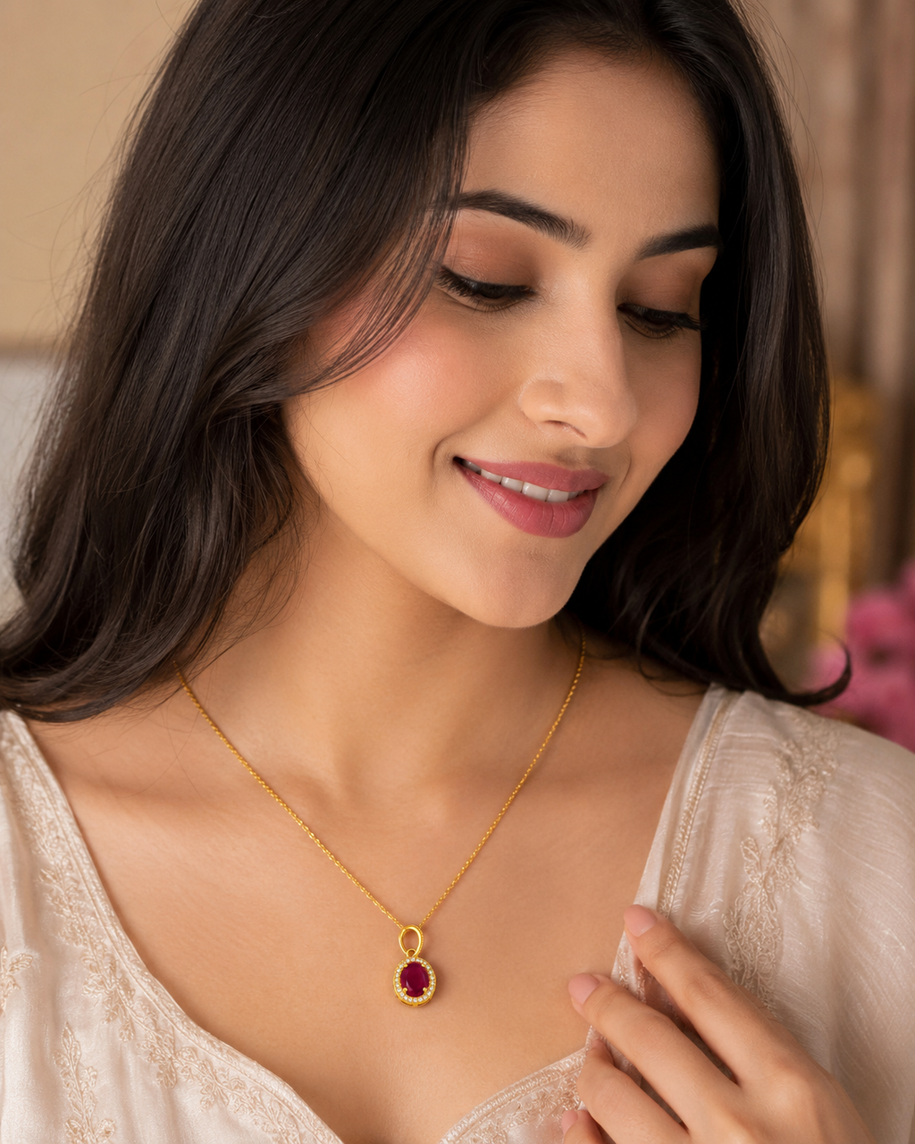 Ruby Halo Pendant Charm – Gold-Plated Oval Gemstone Pendant