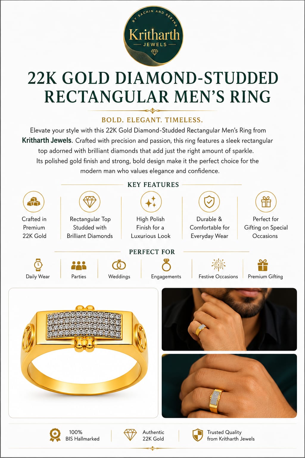 18K Gold Diamond Rectangular Signet Ring for Men