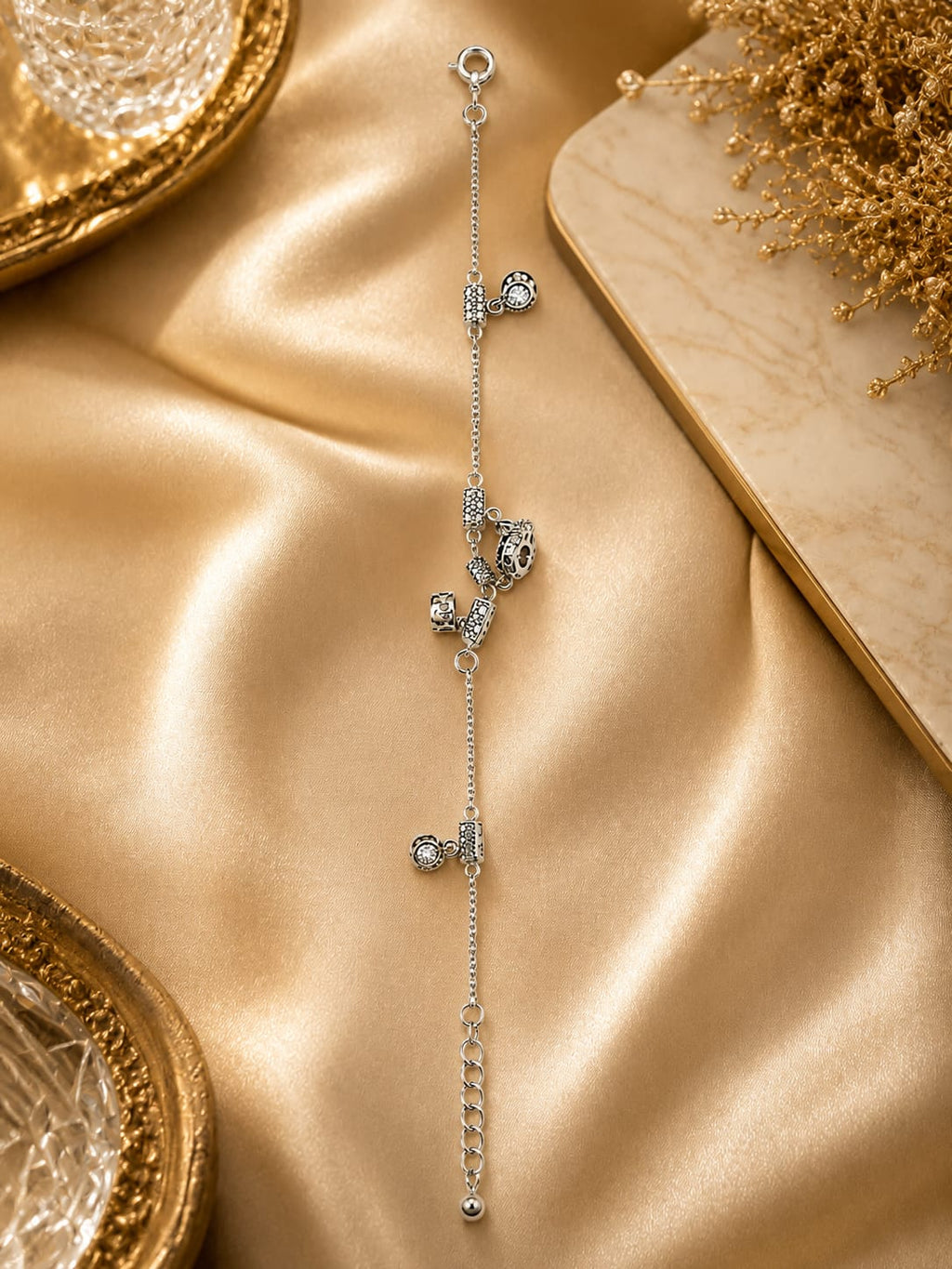 925 Sterling Silver Multi-Charm Adjustable Bracelet for Women