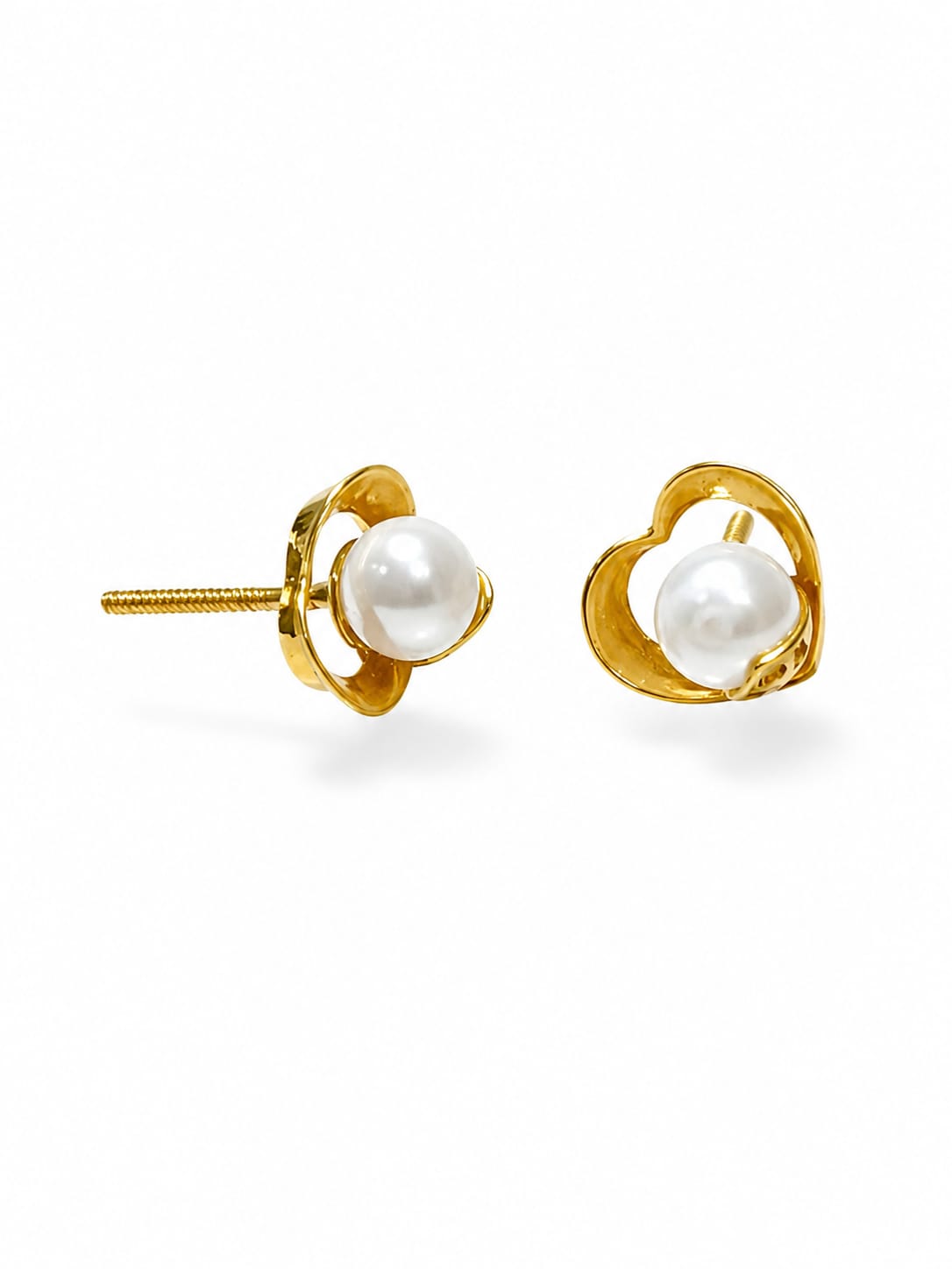 18K Gold  Heart Pearl Stud Earrings
