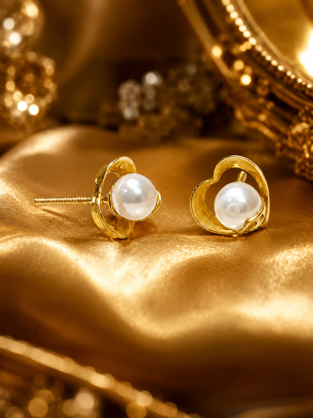 18K Gold  Heart Pearl Stud Earrings