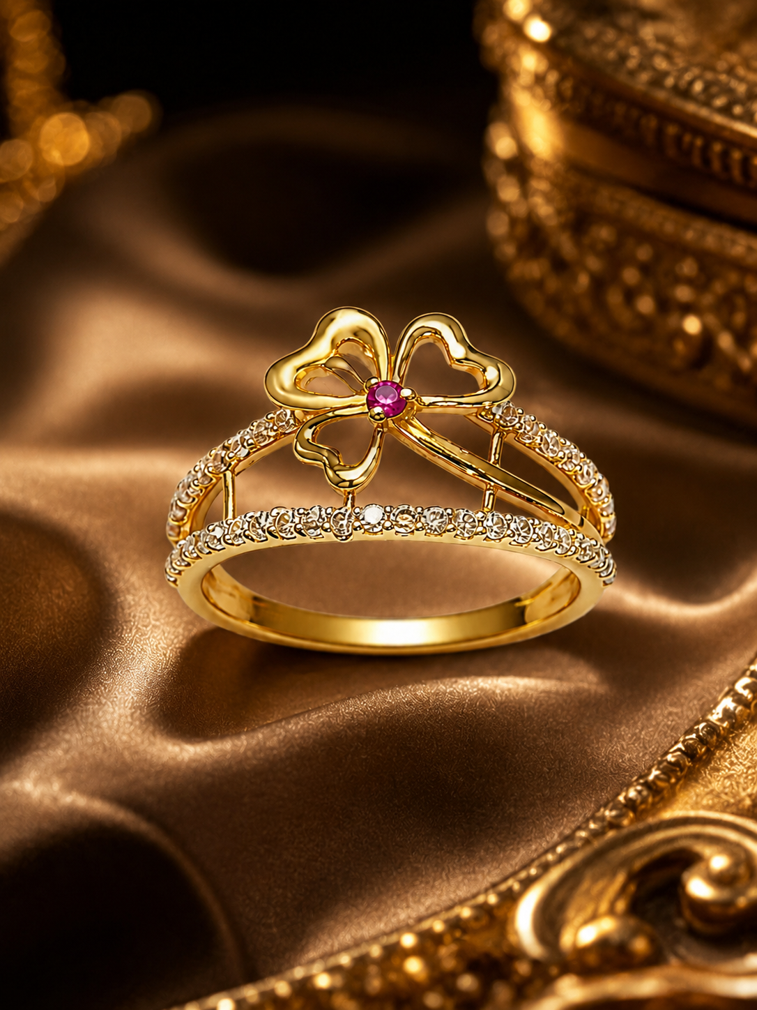Elegant Four-Leaf Clover CZ Gold Ring for Women