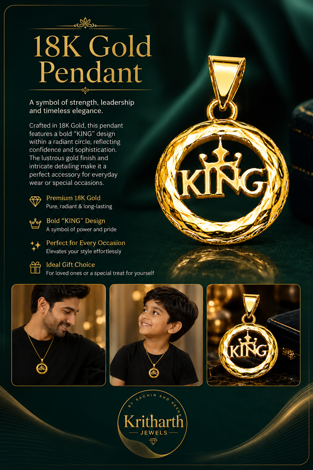 18K Gold KING Crown Round Pendant