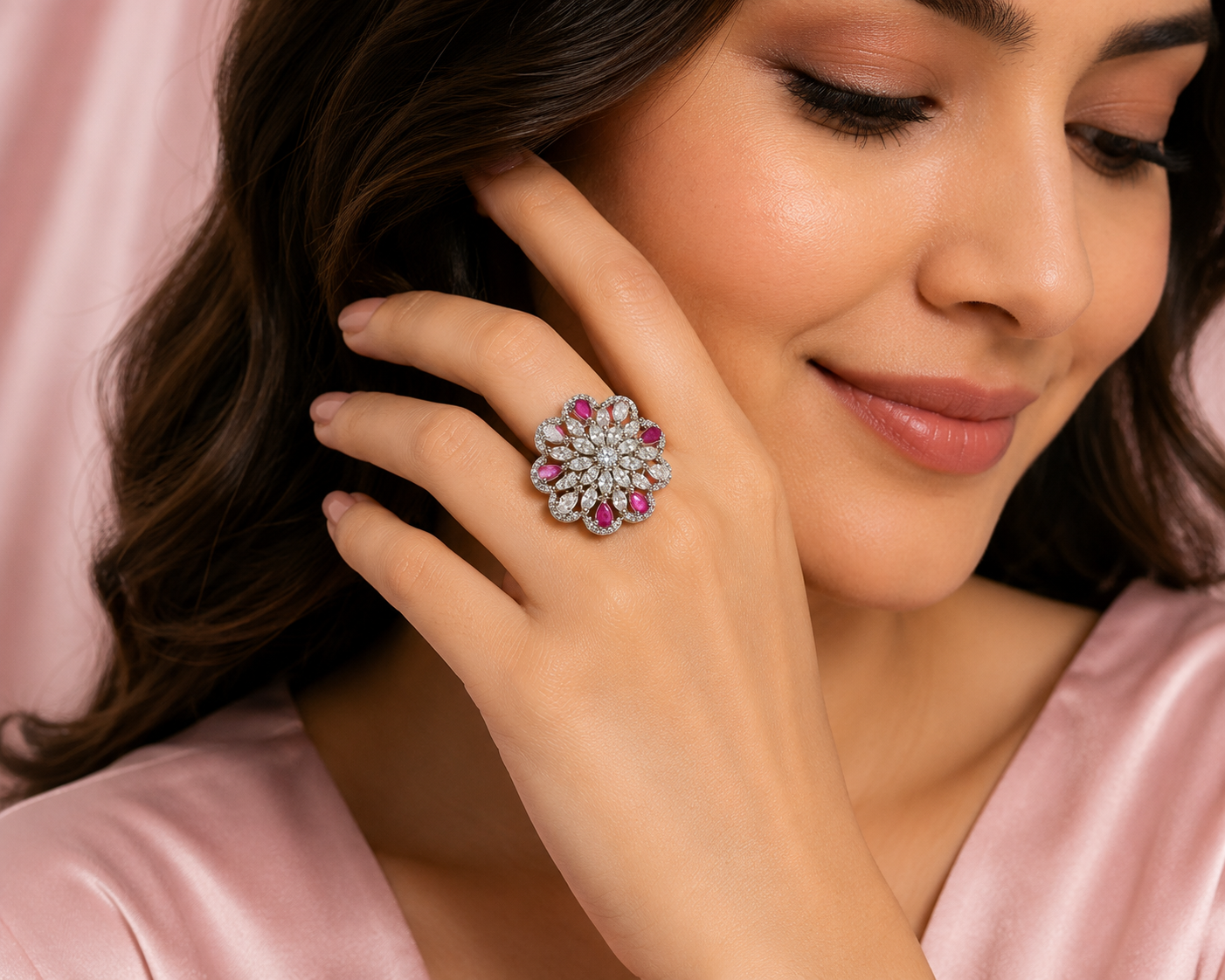 Kritharth Jewels Floral Ruby & Diamond-Inspired Statement Ring