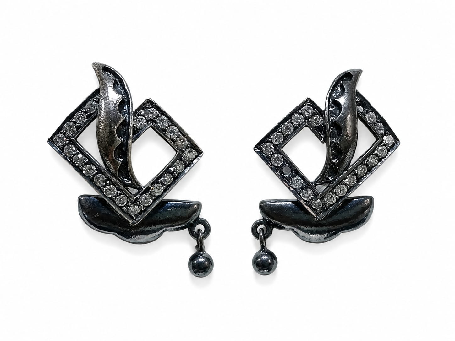 Vintage Geometric Crystal Drop Earrings – Black Rhodium Finish