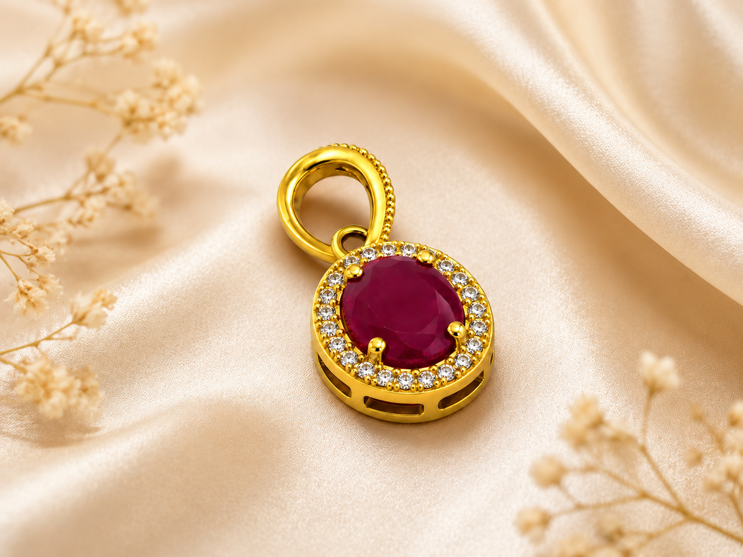 Ruby Halo Pendant Charm – Gold-Plated Oval Gemstone Pendant