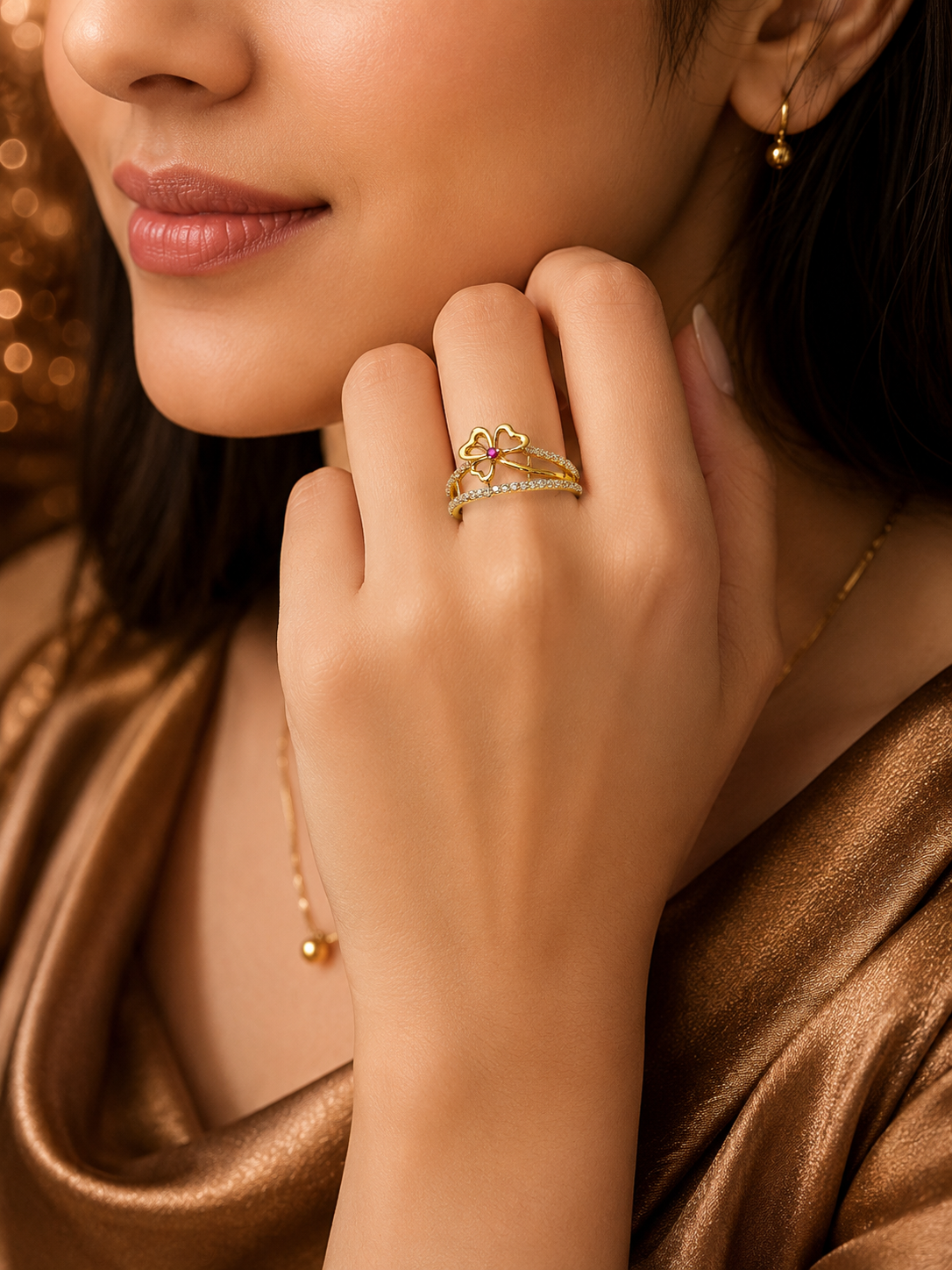 Elegant Four-Leaf Clover CZ Gold Ring for Women