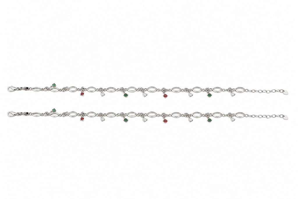 925 Sterling Silver Heart Charm Anklets with Multi-Color Stone Accents