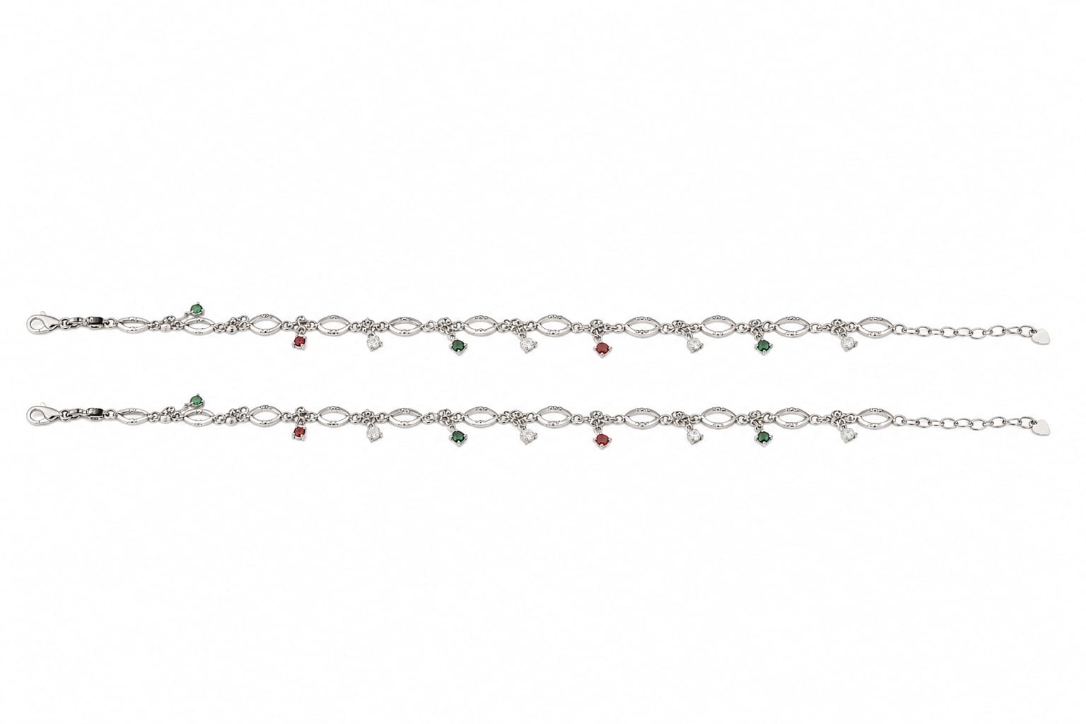 925 Sterling Silver Heart Charm Anklets with Multi-Color Stone Accents