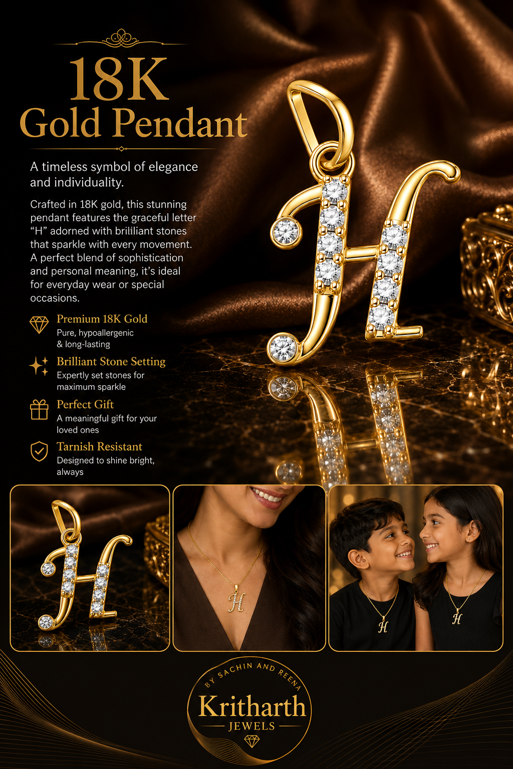 18K Gold Diamond Initial "H" Pendant
