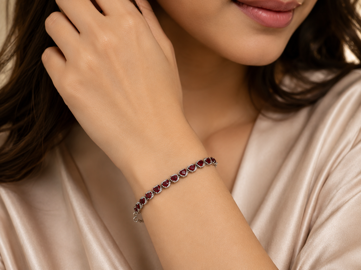 Kritharth Jewels Ruby Heart Tennis Bracelet – Silver Finish