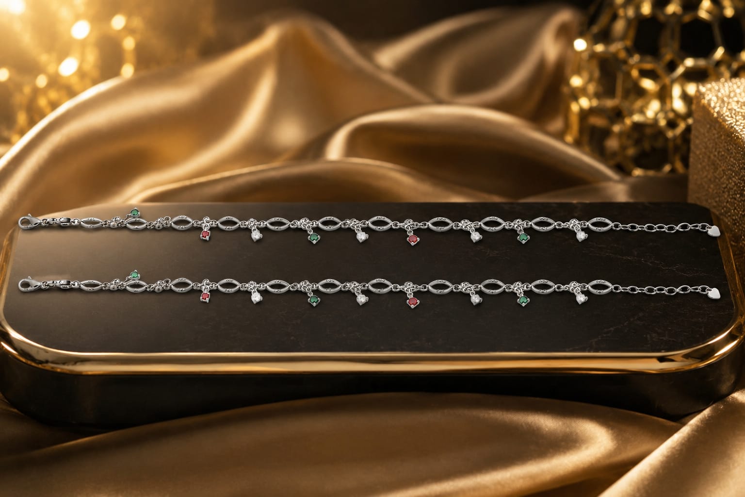 925 Sterling Silver Heart Charm Anklets with Multi-Color Stone Accents