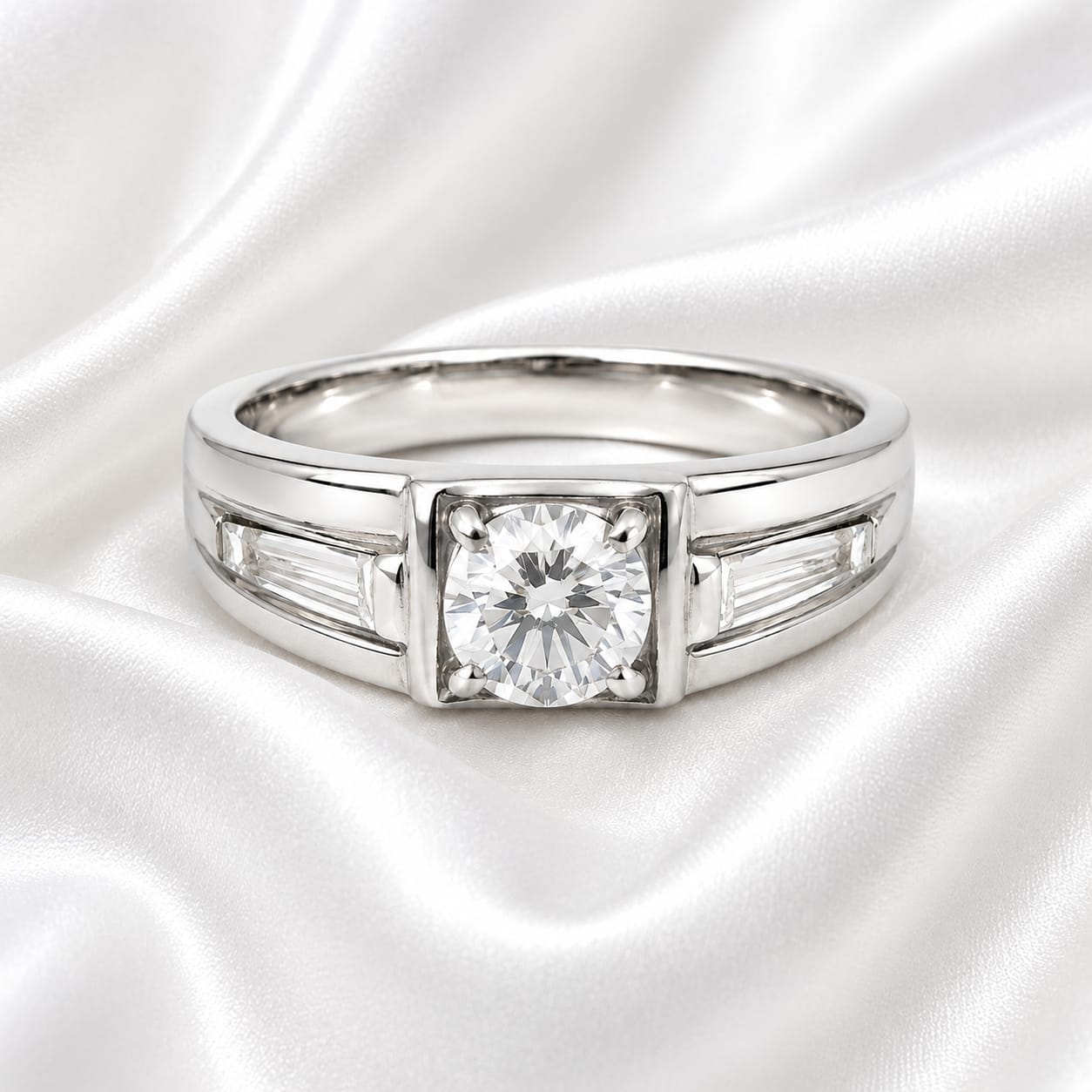 Classic Men's Solitaire Ring – Silver-Tone Statement Ring with Baguette Accents