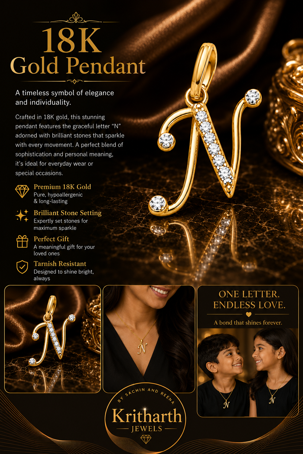 18K Gold Diamond Initial "N" Pendant