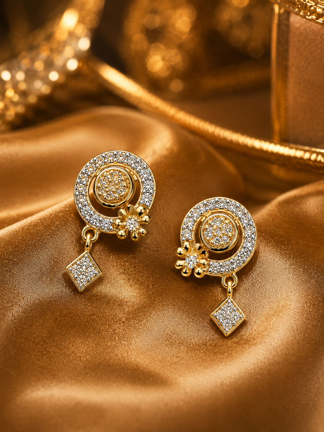 18K Gold  CZ Floral Drop Stud Earrings