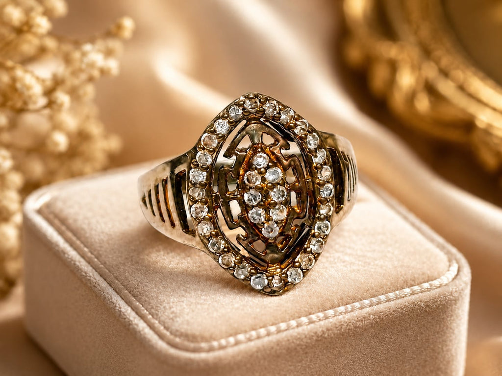 Vintage Crystal Halo Statement Ring – Antique Gold Finish