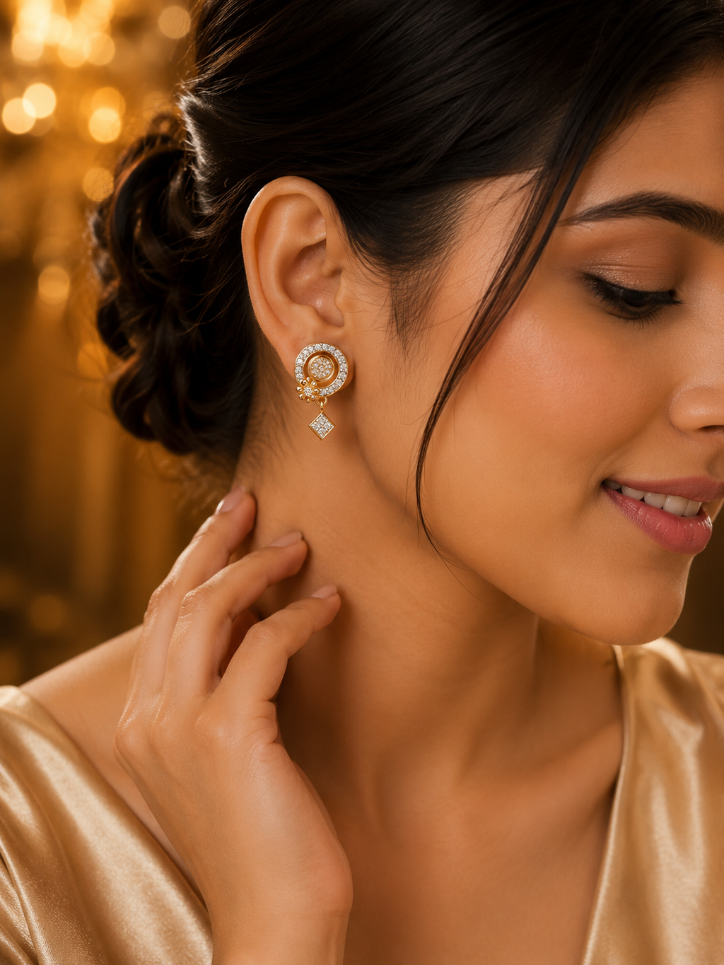 18K Gold  CZ Floral Drop Stud Earrings