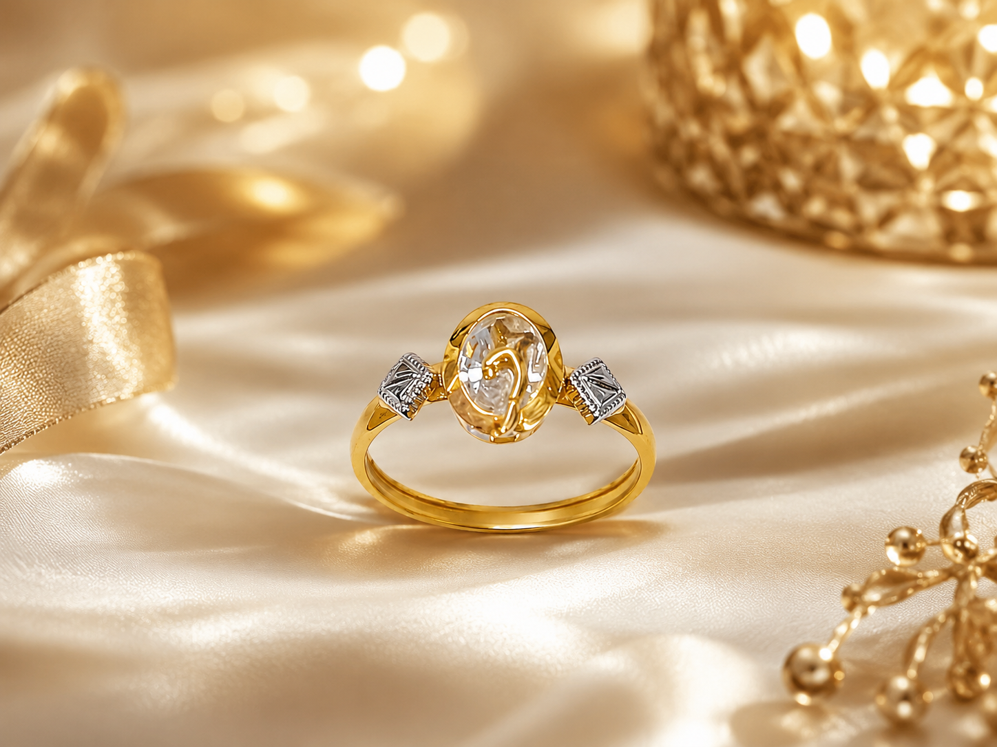 18K Gold Oval Solitaire Ring with Diamond Accent