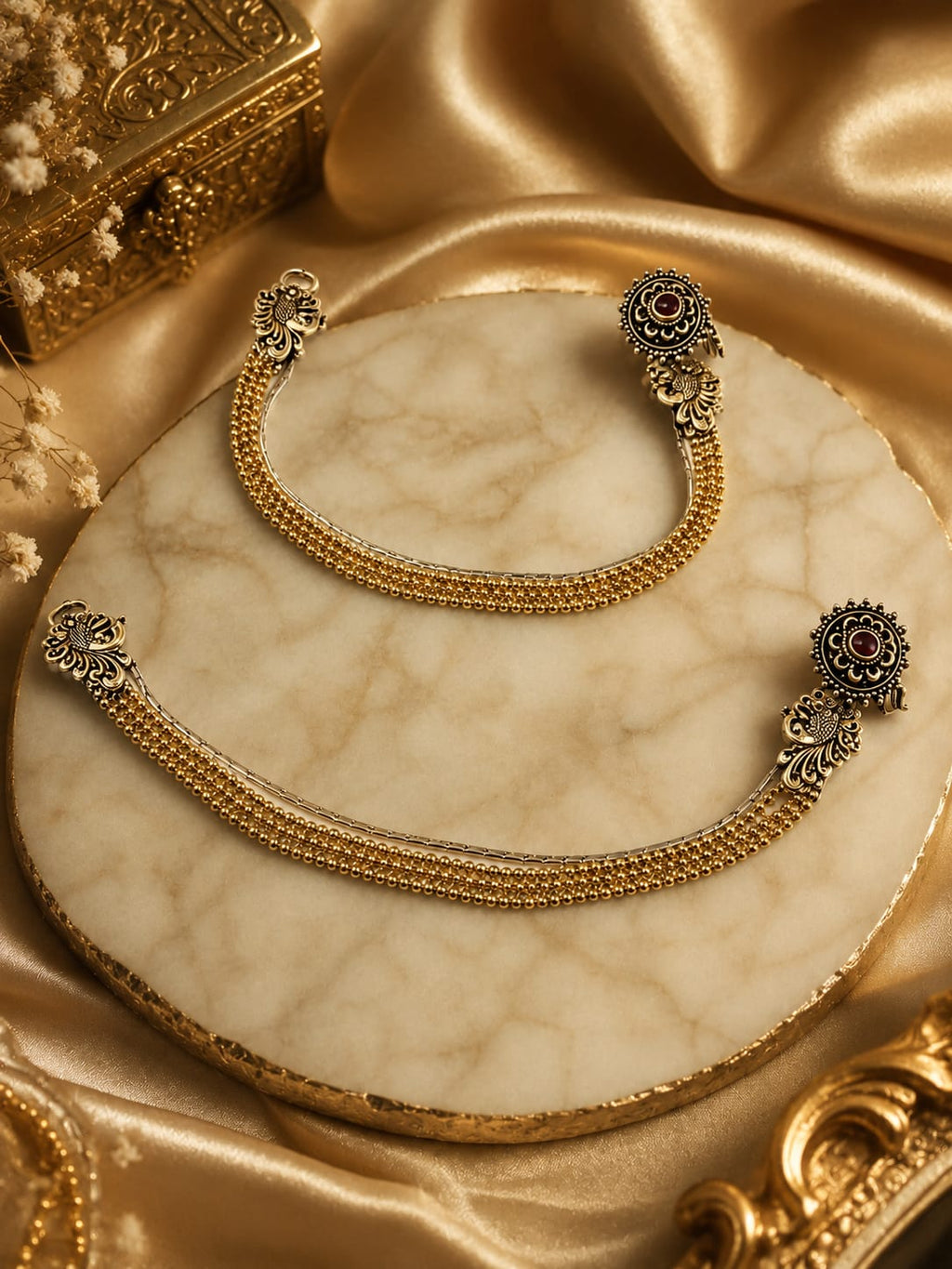 Traditional Oxidised Silver Anklets with Antique Gold Bead Tassels