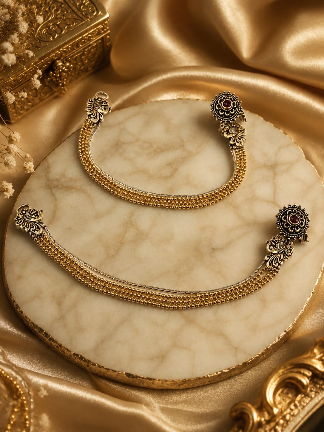 Traditional Oxidised Silver Anklets with Antique Gold Bead Tassels