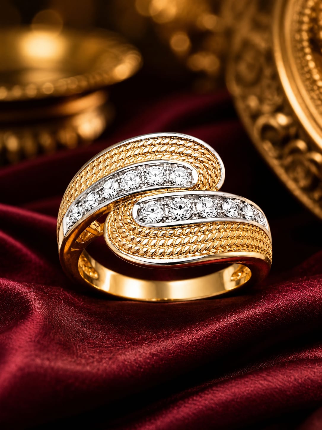 925 Sterling Silver Gold-Plated Crossover Ring with Cubic Zirconia for Women
