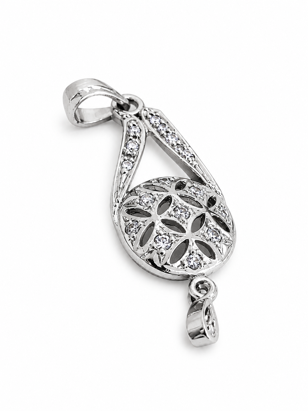 Elegant Silver-Tone Floral Teardrop Pendant Charm with Crystal Accents