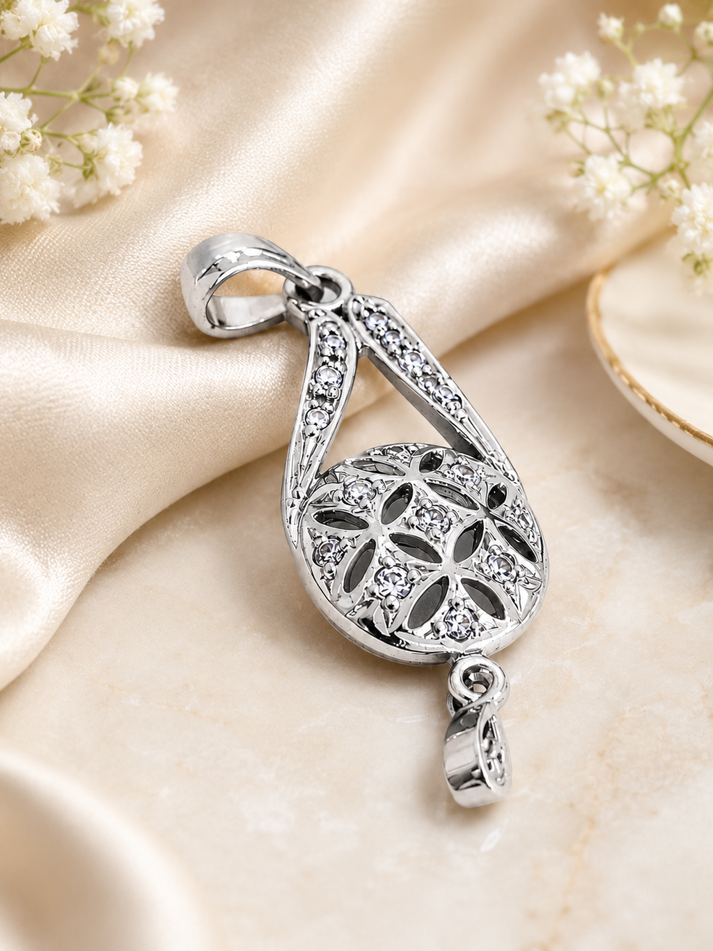 Elegant Silver-Tone Floral Teardrop Pendant Charm with Crystal Accents