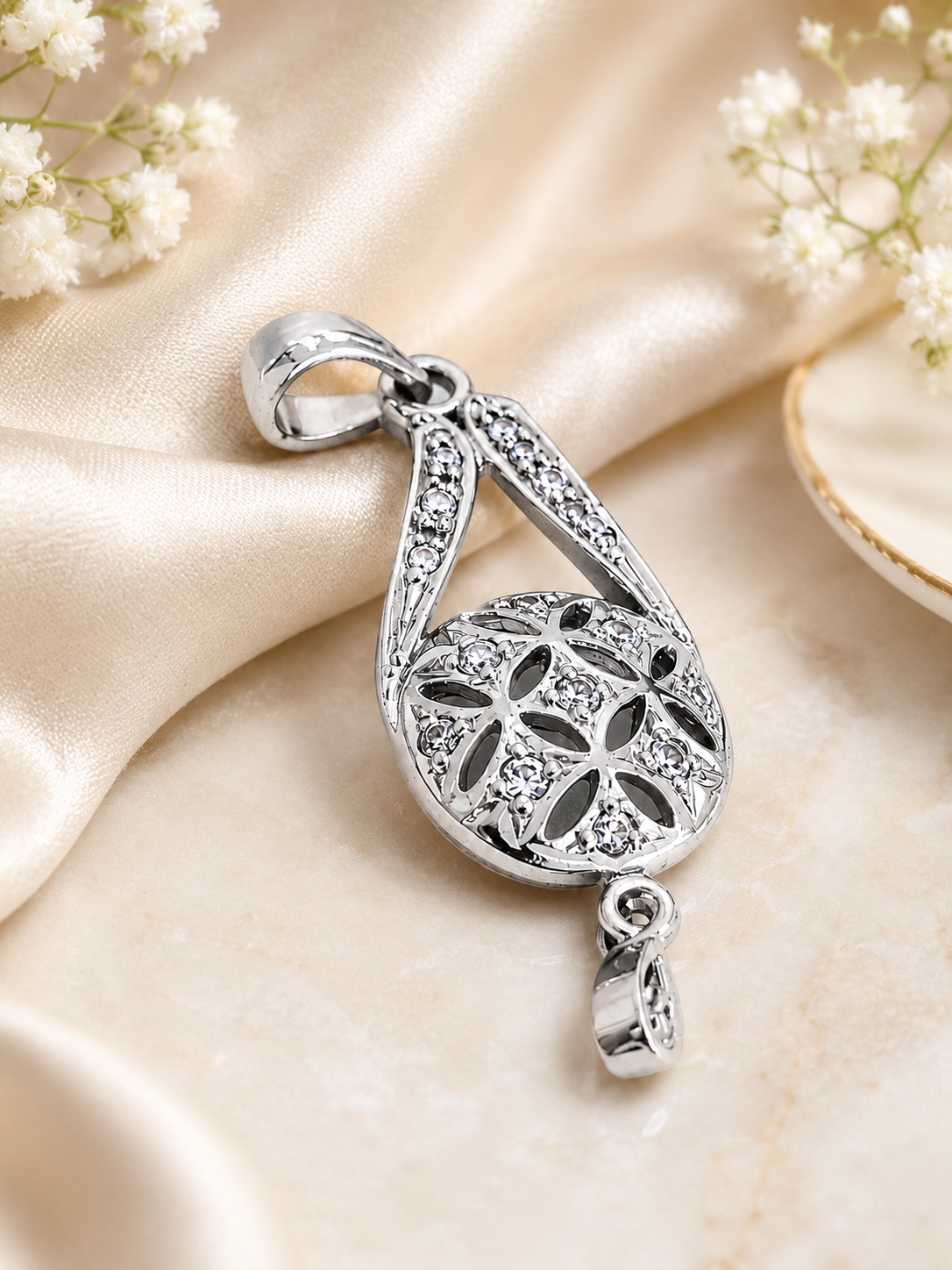 Elegant Silver-Tone Floral Teardrop Pendant Charm with Crystal Accents