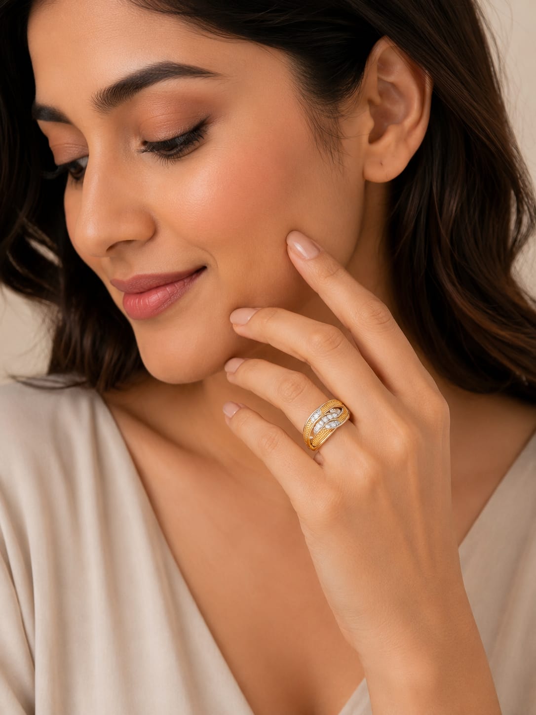 925 Sterling Silver Gold-Plated Crossover Ring with Cubic Zirconia for Women