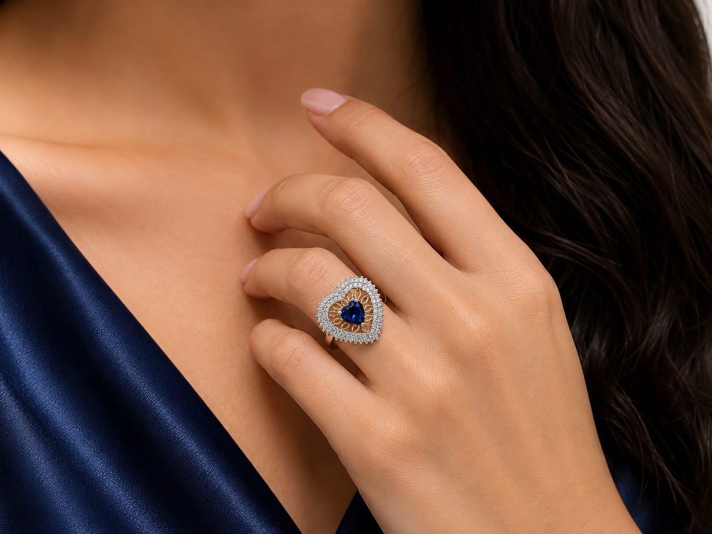 Kritharth Jewels Royal Sapphire Heart Halo Ring