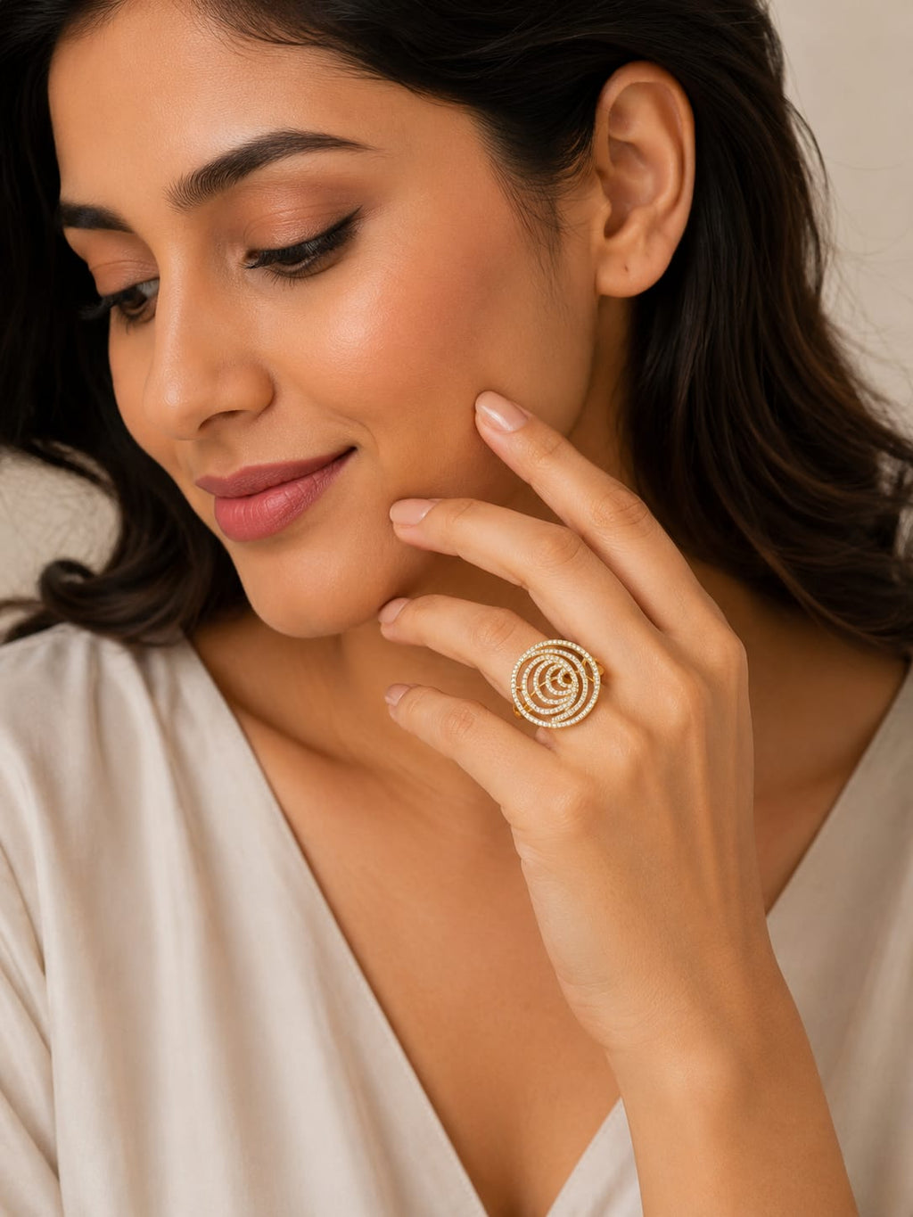 925 Sterling Silver Gold-Plated Spiral Statement Ring with Cubic Zirconia for Women