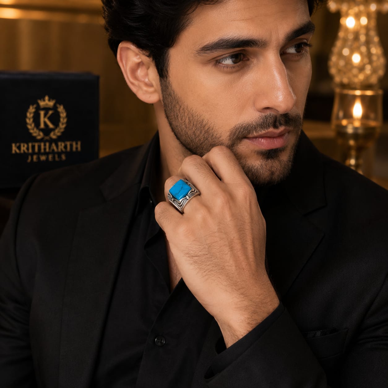 Kritharth Jewels Men's Silver-Tone Turquoise Statement Ring