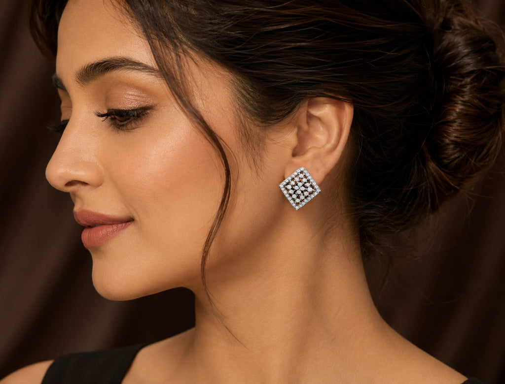 Kritharth Jewels Sparkling Floral Diamond-Style Rhombus Stud Earrings