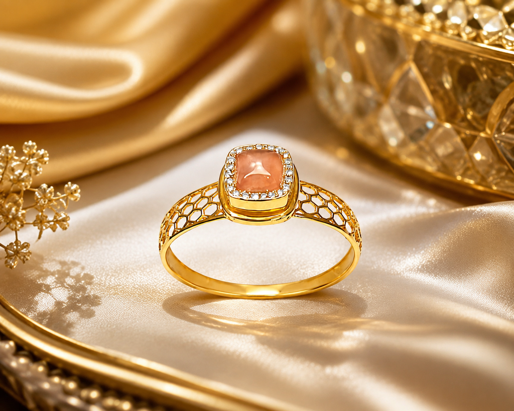 18K Gold Peach Gemstone Halo Ring for Women