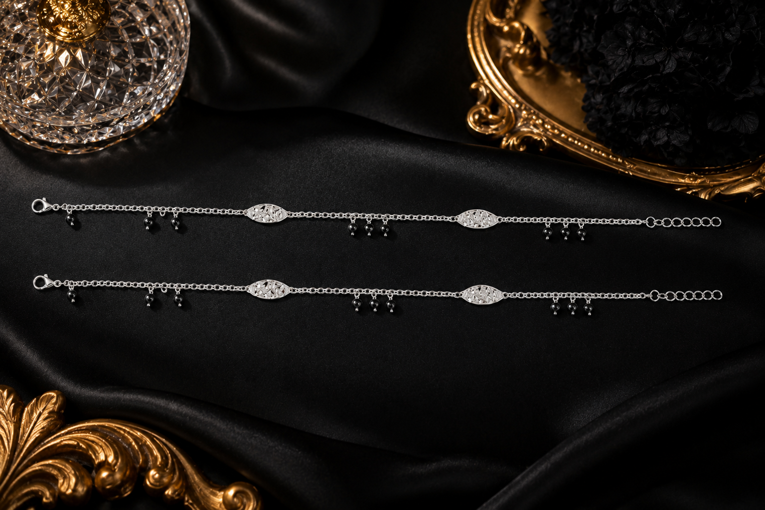 925 Sterling Silver Black Bead Designer Anklet for Women
