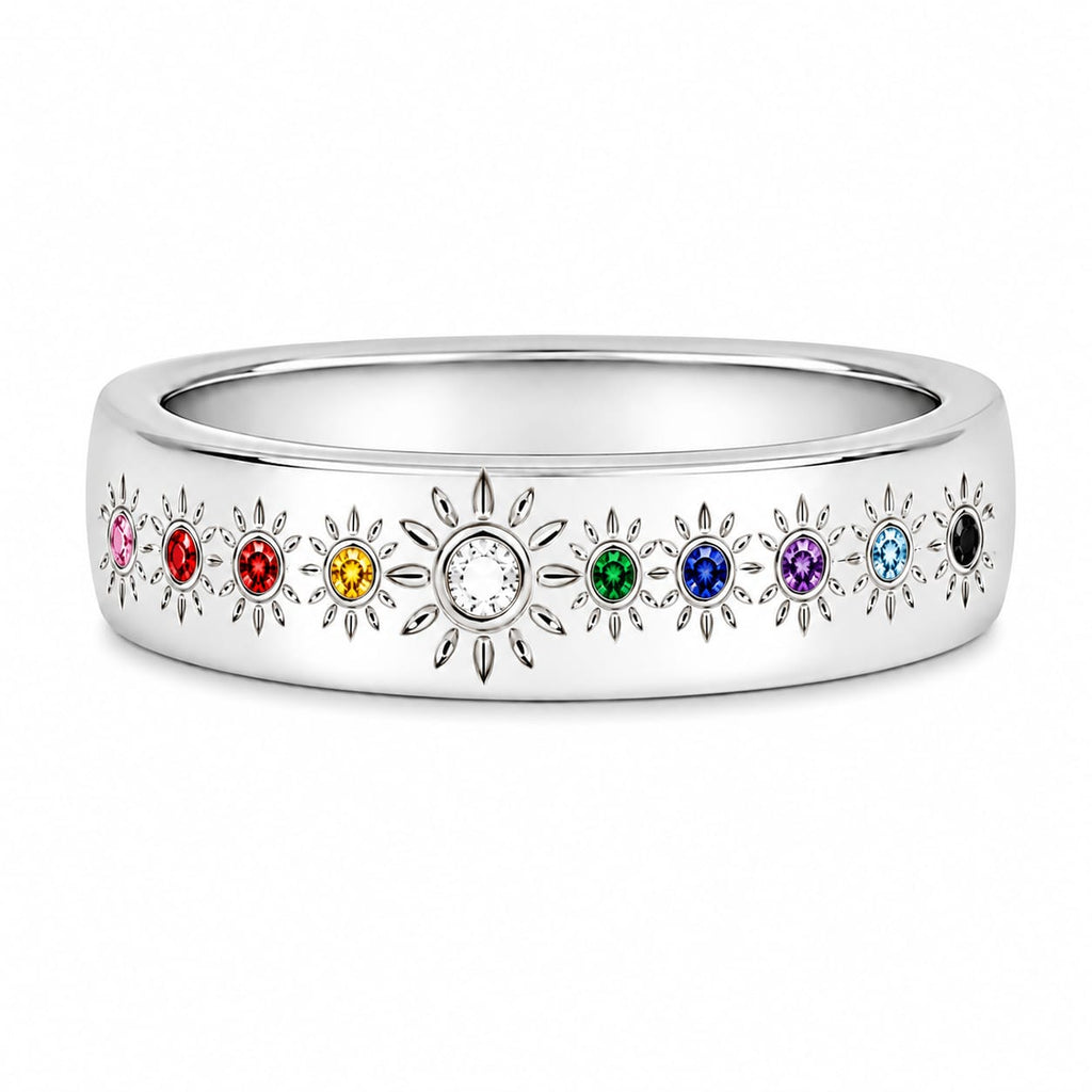 925 Sterling Silver Multi Birthstone Floral Band Ring for Women & Girls