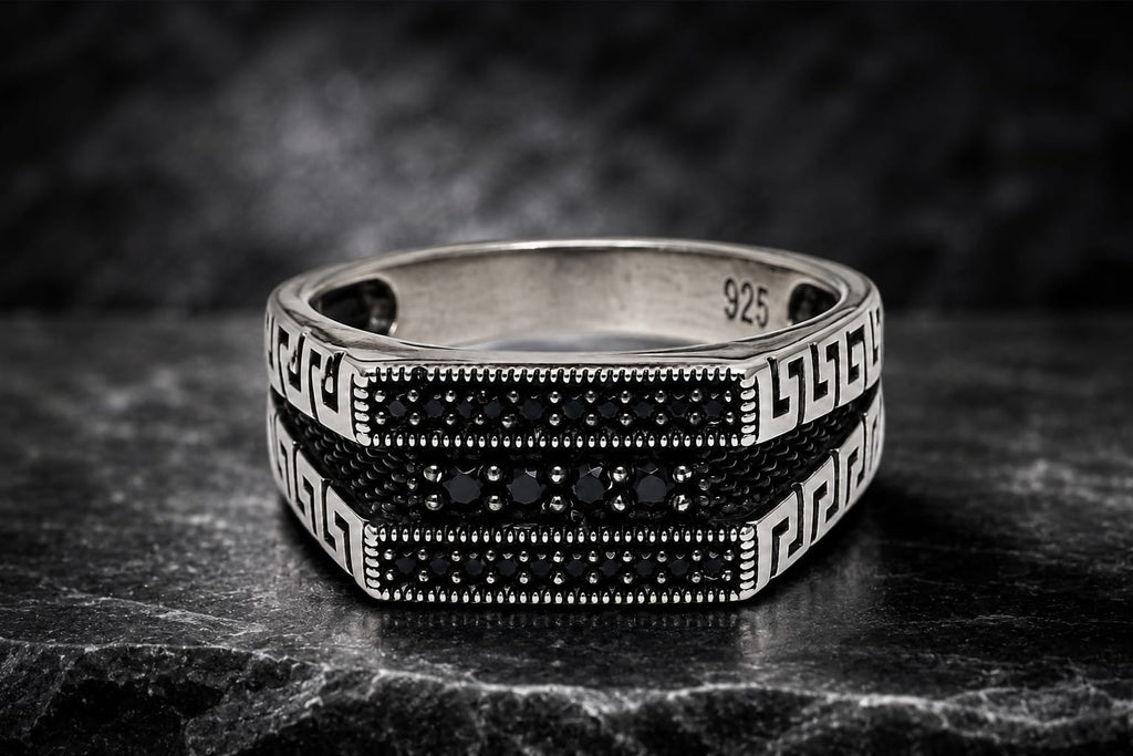 925 Sterling Silver Black Onyx Signet Ring – Greek Key Men's Statement Ring