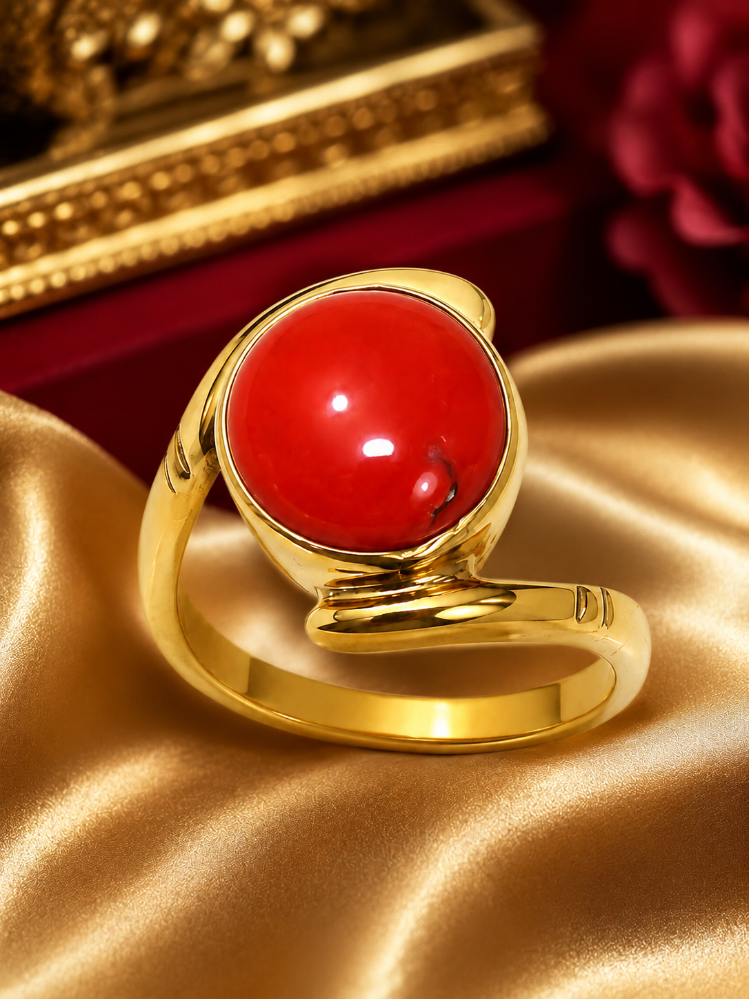 18K Gold Natural Red Coral (Moonga) Cabochon Statement Ring for Women