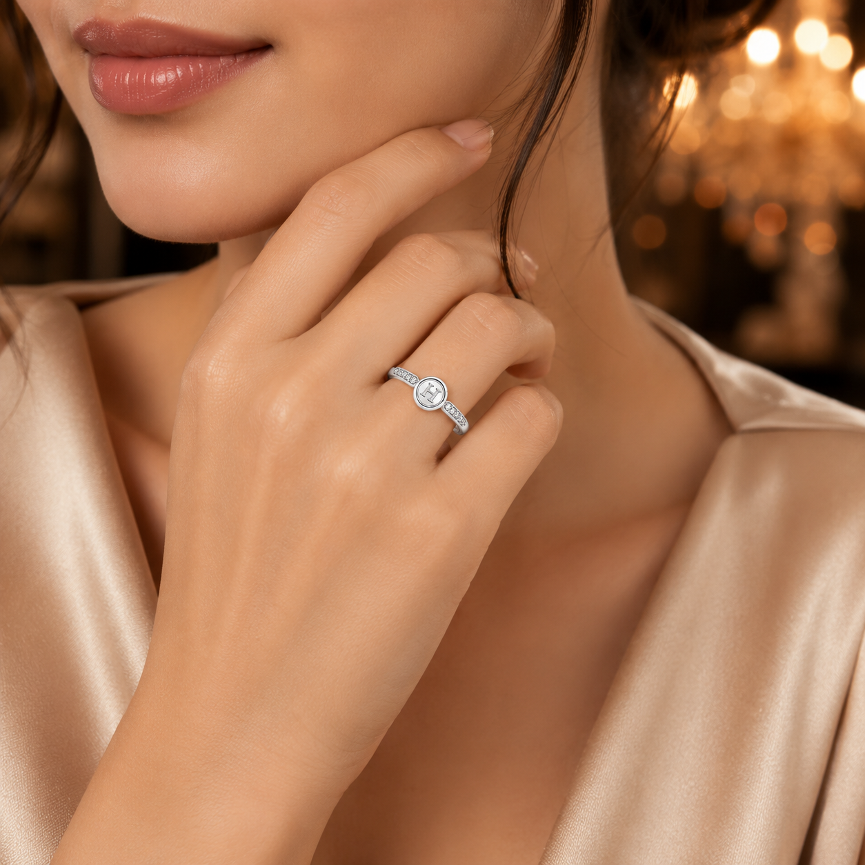 925 Sterling Silver Initial "H" Zircon Adjustable Ring for Women