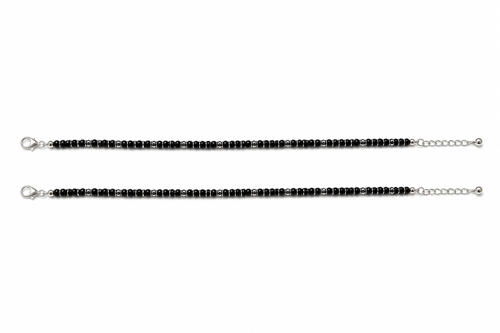 925 Sterling Silver Black Beaded Anklet Pair for Women